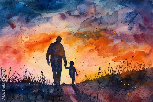A man and a child are walking together in a field at sunset. father day concept. ai generative