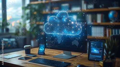 Abstract visualization of a cloud with tendrils connecting to various tech devices on a desk