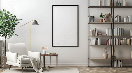 Blank vertical poster mock up with black frame on the wall in living room interior with bookshelf armchair coffee table and floor lamp