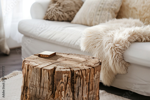 Close up of big tree stump coffee table near white sofa with fur pillow and sheepskin throw. Scandinavian, boho interior design of modern living room, home. clear light and soft tone.