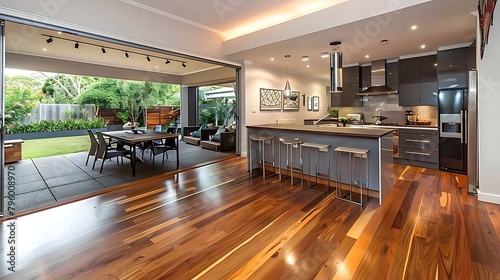 Contemporary kitchen and open plan living room with garden aspect