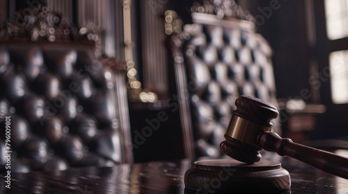 close up on the gavel of the judges table . Close-up of gavel on judge desk, symbolizing court trial, justice and legal decisions in courtroom