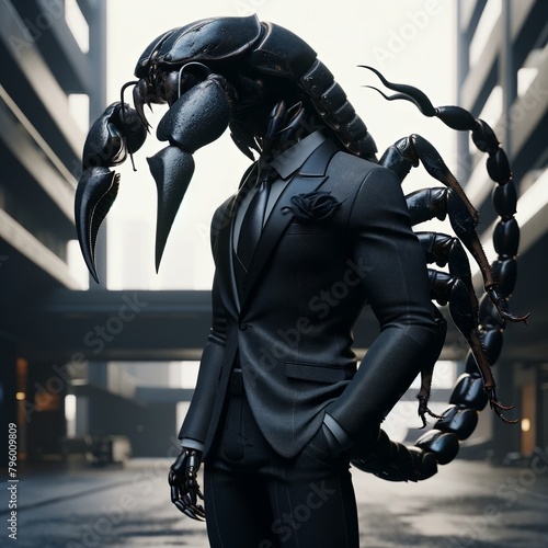 A humanoid male wearing a black suit and tie with a scorpion-like head and tail