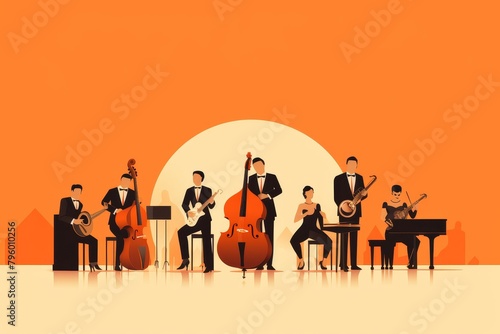 A graphic of a jazz band with 7 members. There is a piano, double bass, drums, saxophone, trumpet, and two vocalists.