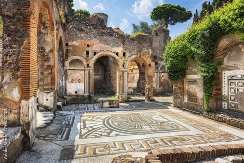 Explore the sun-drenched ruins of an ancient villa, where faded mosaics and crumbling courtyards evoke the decadence and splendor of a bygone era, Generative AI