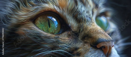 A detailed view capturing the face of a cat with striking green eyes and a curious expression