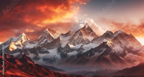 Panoramic view of the Himalayas. Sunrise over the mountains.