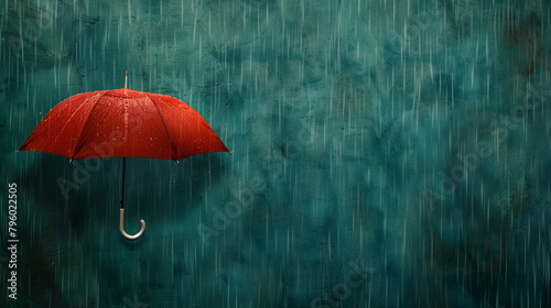 Single Red Umbrella Floating Against a Rainy Teal Textured Background..