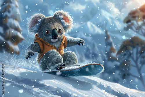a koala surfing in the snow