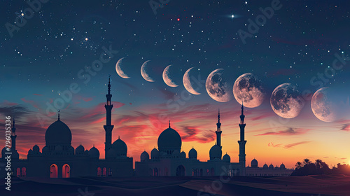 An illustration depicting the phases of the moon over an Islamic landmark, blending astronomy and architecture,