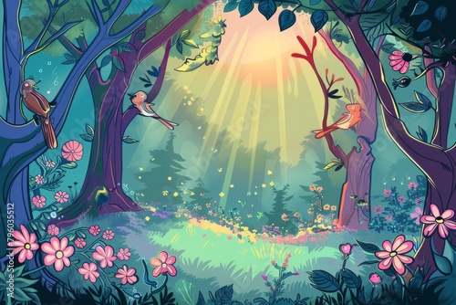  Cartoon cute doodles of a mystical forest awakening in the morning light, with flowers blooming and birds singing their sweet melodies, Generative AI