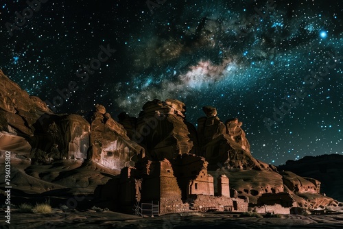 Discover an ancient temple nestled among the stars in a planetarium wilderness, Generative AI