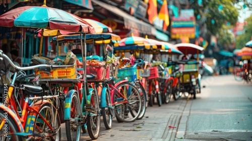  bustling bicycle rickshaw stand in a vibrant Asian city, with colorful rickshaws lined up and ready to transport passengers. 