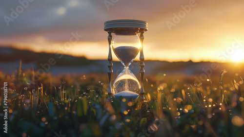 Hourglass in a Flower Field at Sunset, Passing Time Concept