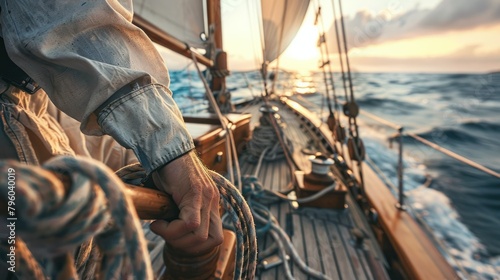 weathered sailor's hands gripping the helm of a wooden sailboat, with the wind whipping through their hair and the sun-kissed sea stretching out before them. 