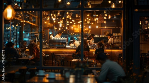  cozy coffee shop bathed in warm light, with customers enjoying their drinks and conversations amidst the twinkling city lights outside. 