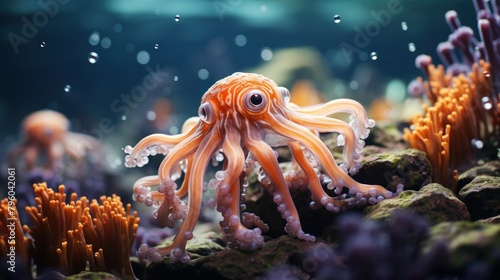 squid are swimming in the deep sea with coral