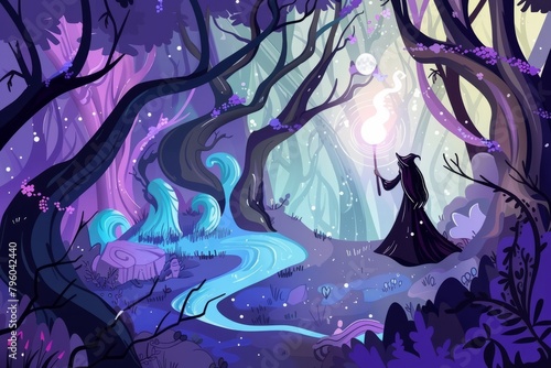 Cartoon cute doodles of a mystical forest under the protection of a powerful sorceress, her wand glowing with magical energy, Generative AI
