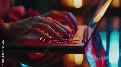 Close up of business woman hand typing on laptop computer keyboard with reflection on digital tablet on office table, online working, surfing the internet, distant job. copy space for text.