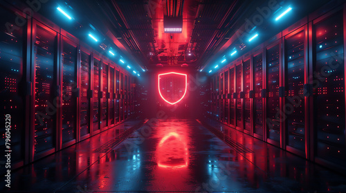 A server farm under a giant, luminous shield, visible only when cyber threats are detected