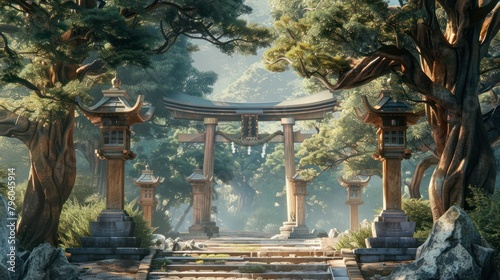 serene Japanese Shinto shrine nestled among ancient trees, 