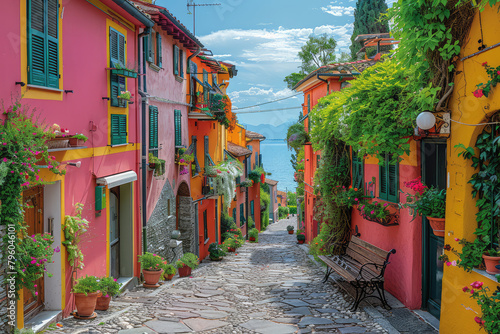 A picturesque street in the village of Nolone, with colorful houses and greenery, overlooking Lake Como's blue waters. Created with Ai