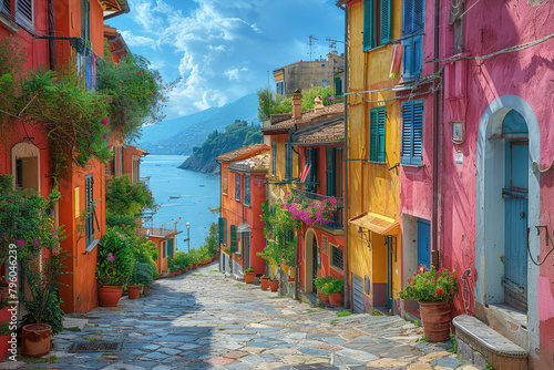 A colorful street in Lake Como, Italy with buildings painted in vibrant colors and surrounded by lush greenery. Created with Ai