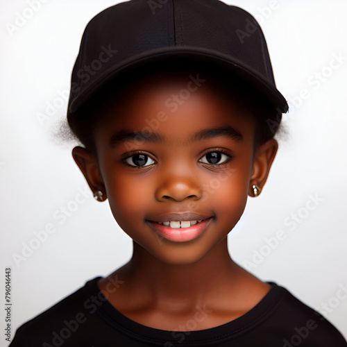 African portrait of a smiling child wearing black dress and black cap with white background.