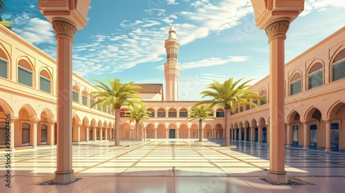 tranquil mosque with an elegant minaret, its courtyard echoing with the call to prayer. 