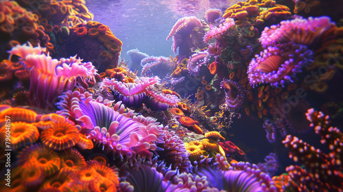 High-resolution depiction of coral polyps and symbiotic algae interaction underwater