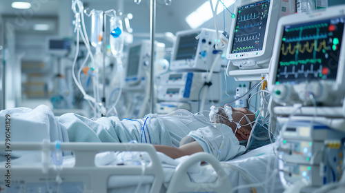 An intimate view of a patient in a hospital ward, surrounded by life support equipment and critical monitors, illustrating the intense care provided in medical emergencies.