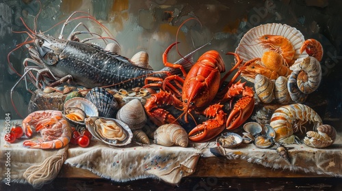 vibrant still life painting of seafood ingredients, showcasing the natural colors and textures of fish, shellfish, and crustaceans. 