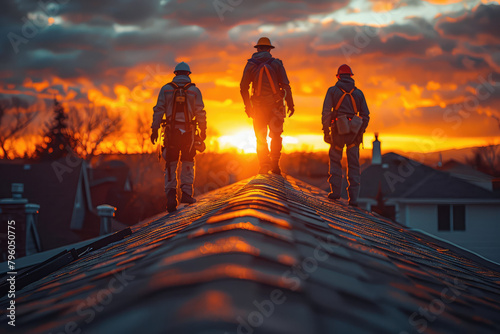 In the Korean city of Eryu, in winter at sunset, several men with backpacks walk along old wooden tiled roofs. Created with Ai