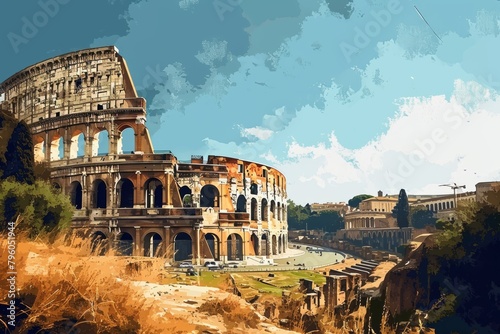 Beautiful Rome skyline depicting the Colosseum and ancient ruins, AI-generated