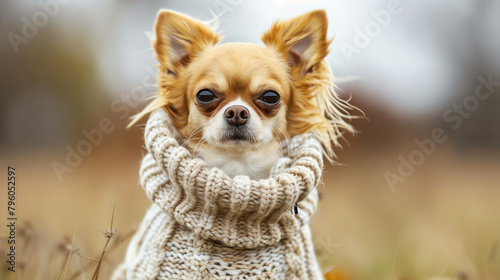 A humorous image of a small dog wearing an oversized sweater, looking comically large for its frame, capturing the playful side of oversized fashion.