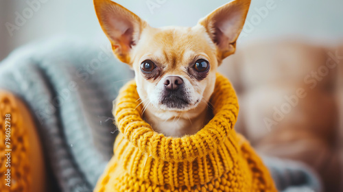 A humorous image of a small dog wearing an oversized sweater, looking comically large for its frame, capturing the playful side of oversized fashion.