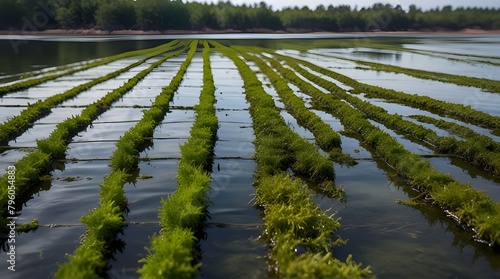Thriving seaweed algae growth on lines in an aquaculture .Generative AI