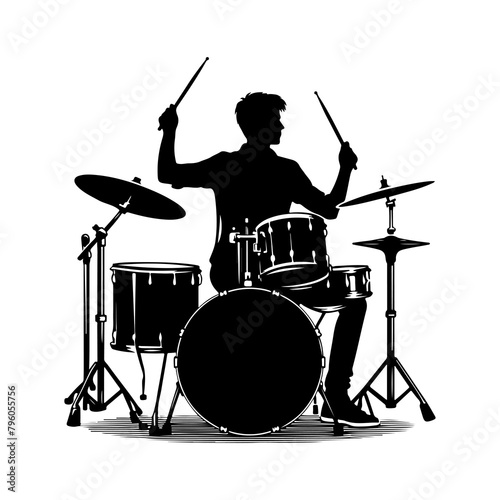 A drummer musician drumming drums in detailed silhouette. Drummer Silhouettes vector