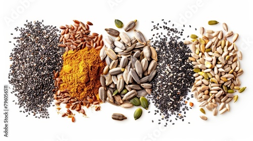 Artistic top view composition of mixed seeds including chia, flaxseed, pumpkin, sunflower, and sesame, emphasizing health benefits, isolated background