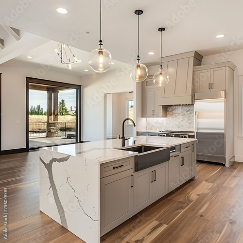 Beautiful kitchen in new luxury home with waterfall island, quartz counter tops, farmhouse sink, and hardwood floors.