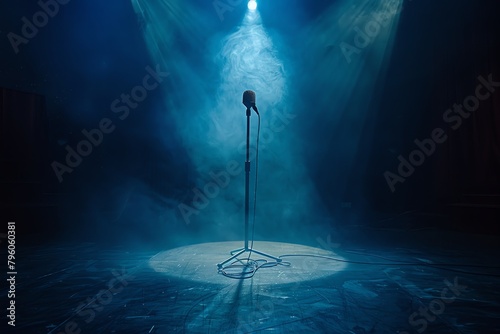 A dramatic stage with a single spotlight on an empty microphone, symbolizing the anticipation of success