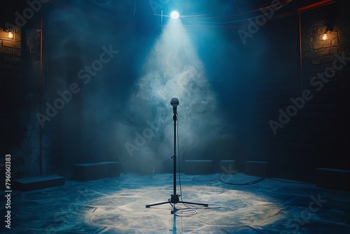 A dramatic stage with a single spotlight on an empty microphone, symbolizing the anticipation of success