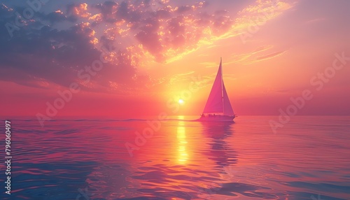 A vivid sunset over a calm sea, a lone yacht sailing towards the horizon, symbolizing peaceful success