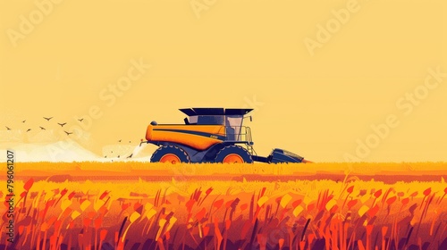 Simple procreate vector art style poster agriculture farming field combine harvester working in the field minimalism village summer 