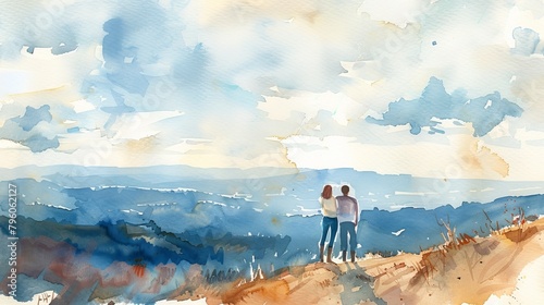 Watercolor impression of a spontaneous proposal at a scenic overlook, with a focus on the emotional response and natural setting
