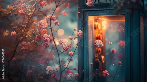 An old telephone booth in a blur old city, flowers blooming out from the booth.