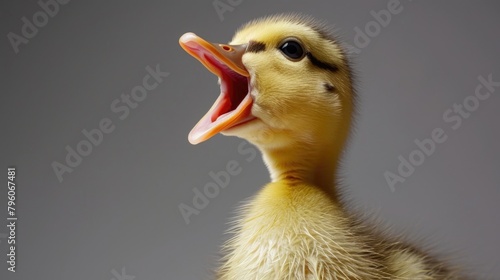 A baby duck is making a loud noise. The duck is yellow and has a pink beak