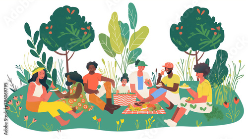 Colorful illustration of diverse people enjoying a picnic in a lush green park.