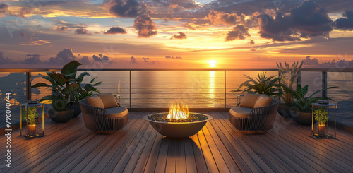 A modern wooden terrace with sofas and chairs overlooking the sea, sunset lighting, an outdoor fire pit on one side of sofa, large potted plants on the balcony