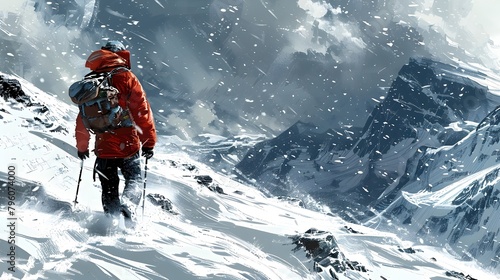 Rugged Trekker Braving Harsh Snowy Mountain Landscape on Perilous Wilderness Expedition